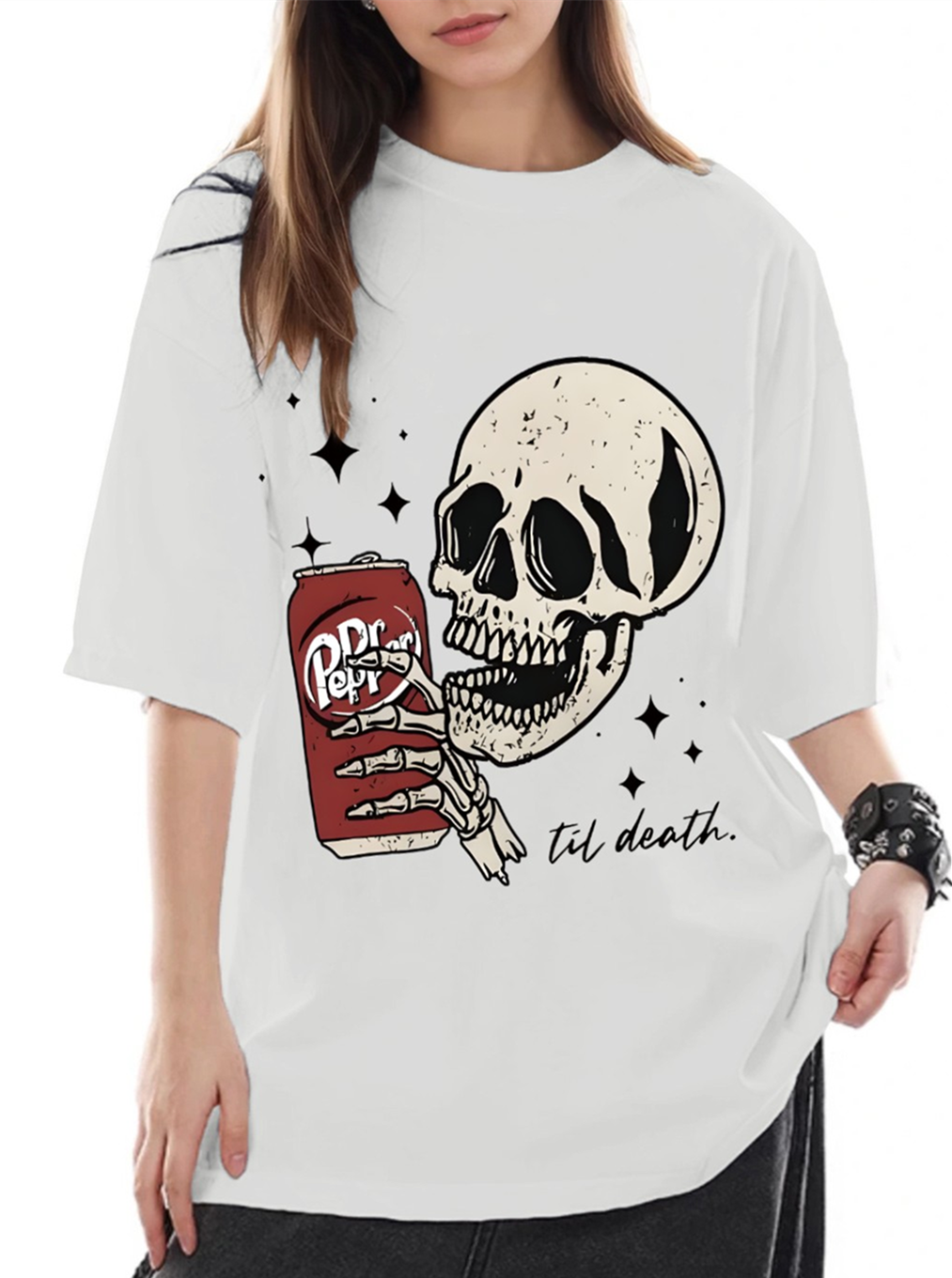 Women's Beer Drinking Skull Print Loose Casual Short-Sleeved T-Shirt