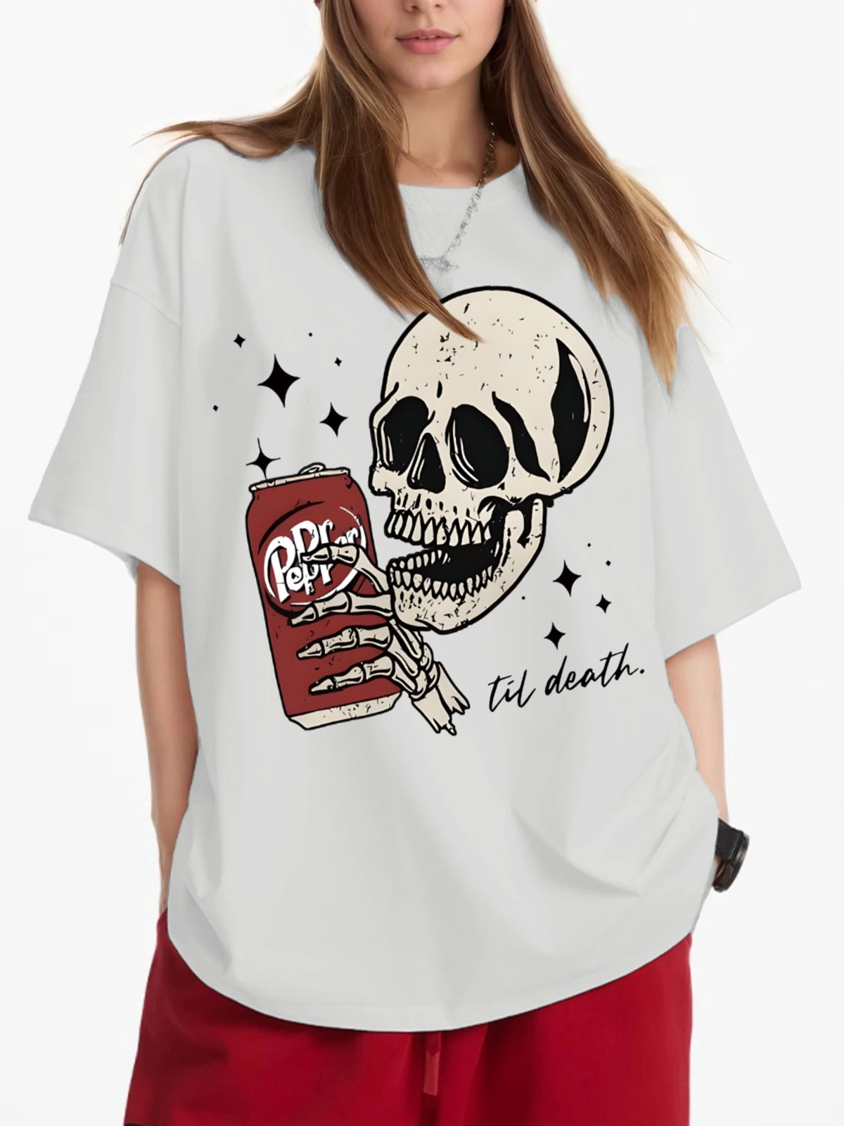 Women's Beer Drinking Skull Print Loose Casual Short-Sleeved T-Shirt