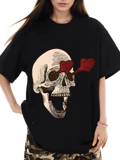 Women's Heart-Eye Skull Print Loose Casual Short-Sleeved T-Shirt