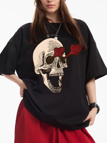 Women's Heart-Eye Skull Print Loose Casual Short-Sleeved T-Shirt