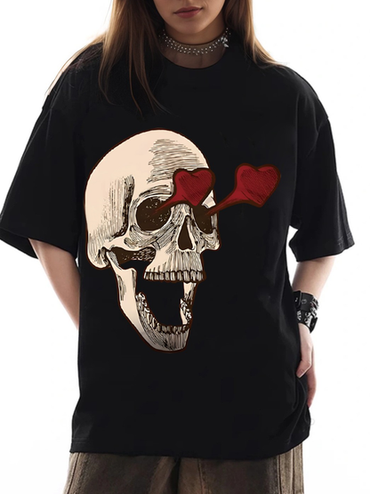 Women's Heart-Eye Skull Print Loose Casual Short-Sleeved T-Shirt