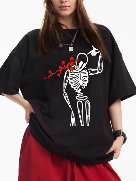 Women's Shooting Skull Print Loose Casual Short Sleeve T-Shirt