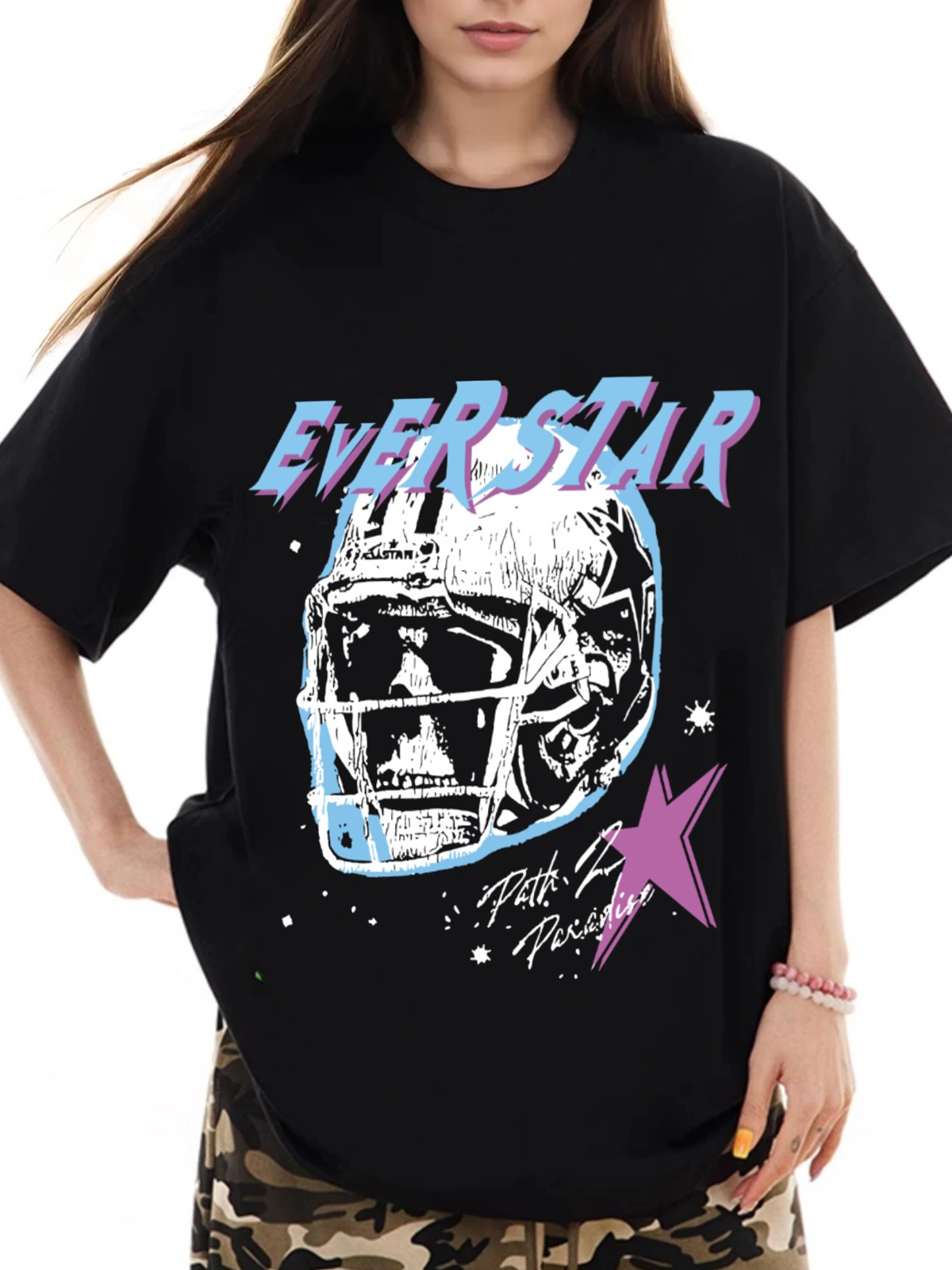 Women's Skull with Football Helmet Print Loose Casual Short Sleeve T-Shirt