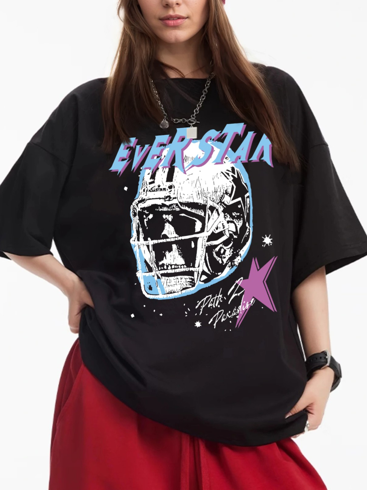 Women's Skull with Football Helmet Print Loose Casual Short Sleeve T-Shirt