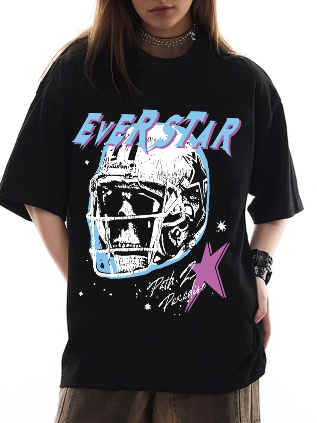 Women's Skull with Football Helmet Print Loose Casual Short Sleeve T-Shirt