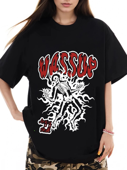 Women's Wassup Angry Skull Print Loose Casual Short Sleeve T-Shirt