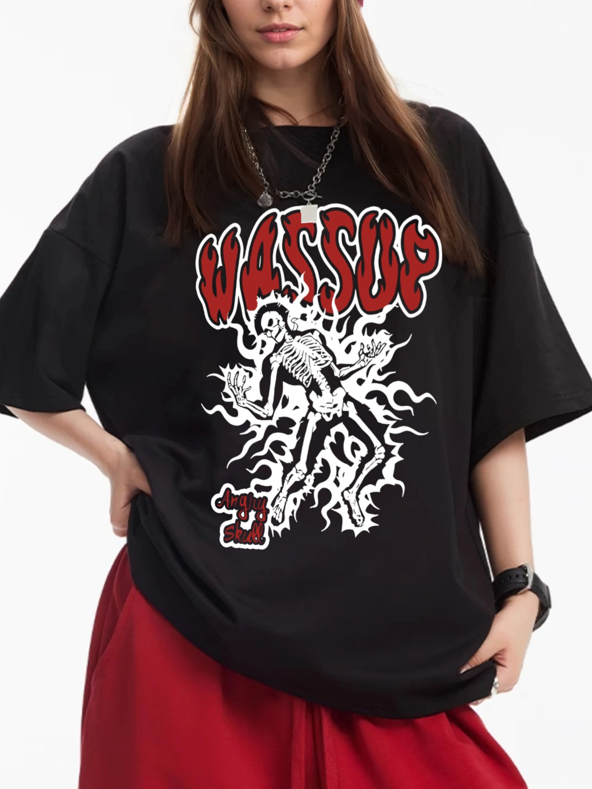 Women's Wassup Angry Skull Print Loose Casual Short Sleeve T-Shirt