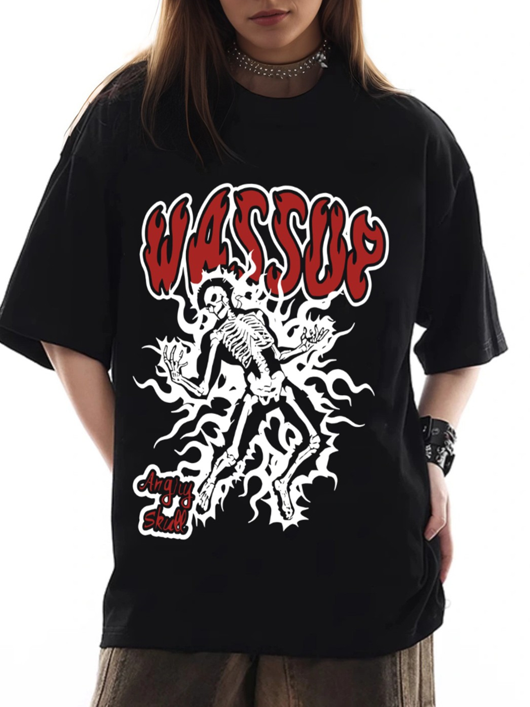 Women's Wassup Angry Skull Print Loose Casual Short Sleeve T-Shirt