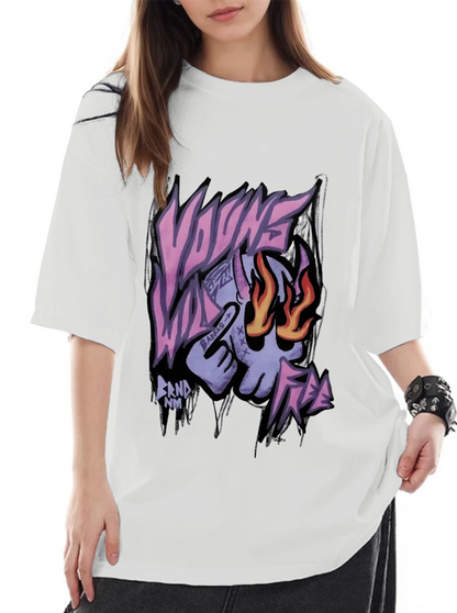 Women's Graffiti Style Eyes Fire Spraying Purple Skull Print Loose Casual Short Sleeve T-Shirt