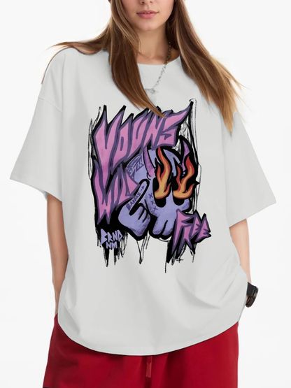 Women's Graffiti Style Eyes Fire Spraying Purple Skull Print Loose Casual Short Sleeve T-Shirt