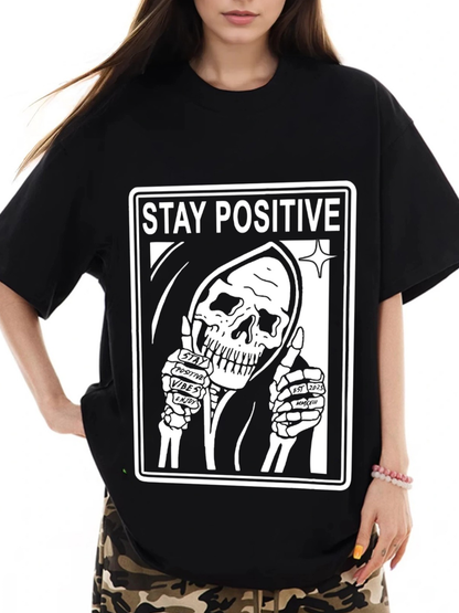 Women's Stay Positive Skull Print Loose Casual Short Sleeve T-Shirt