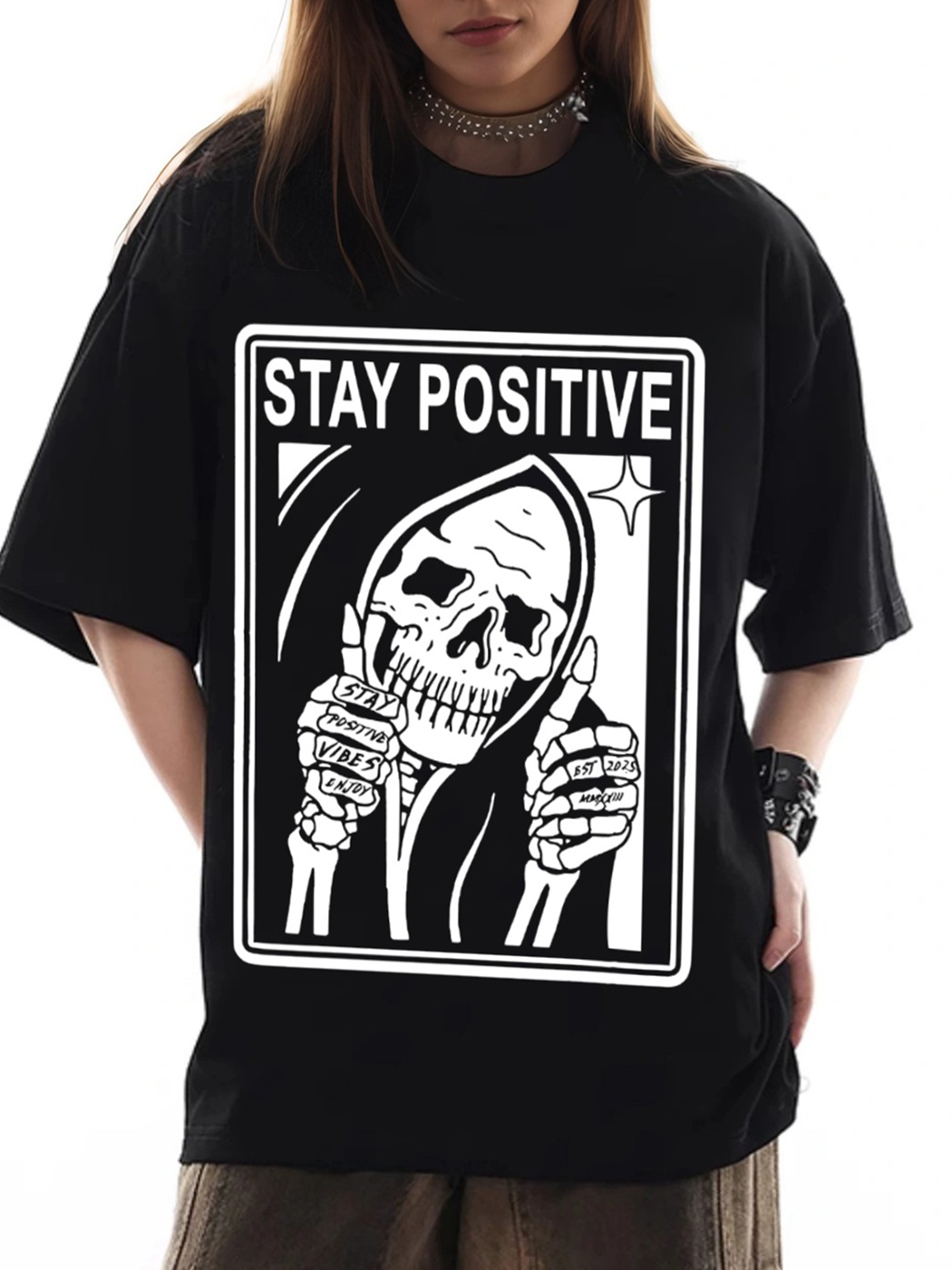 Women's Stay Positive Skull Print Loose Casual Short Sleeve T-Shirt