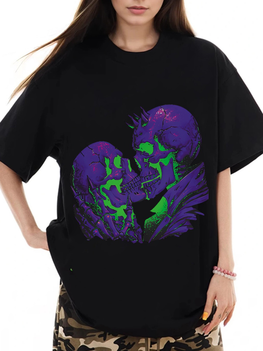 Women's Purple Kissing Skull Print Loose Casual Short Sleeve T-Shirt