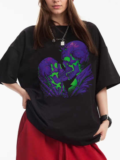 Women's Purple Kissing Skull Print Loose Casual Short Sleeve T-Shirt