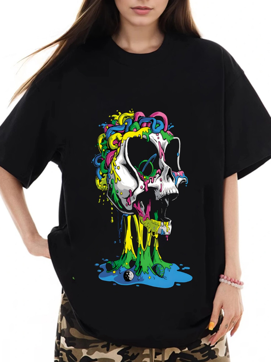 Women's Colorful Skull Print Loose Casual Short Sleeve T-Shirt