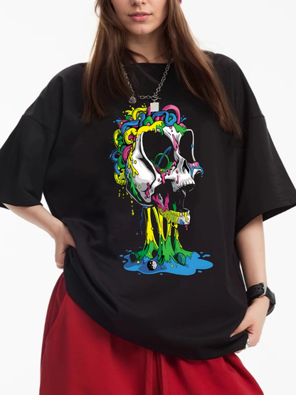 Women's Colorful Skull Print Loose Casual Short Sleeve T-Shirt