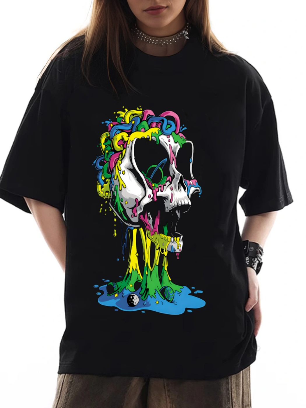 Women's Colorful Skull Print Loose Casual Short Sleeve T-Shirt