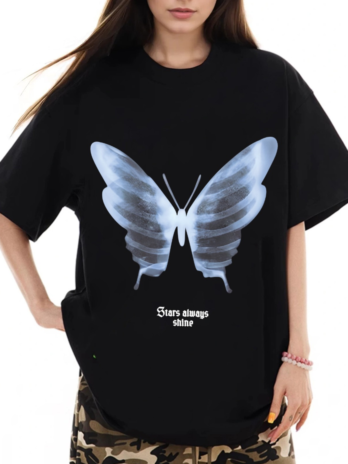 Women's Skull Chest X-Ray Butterfly Print Loose Casual Short Sleeve T-Shirt