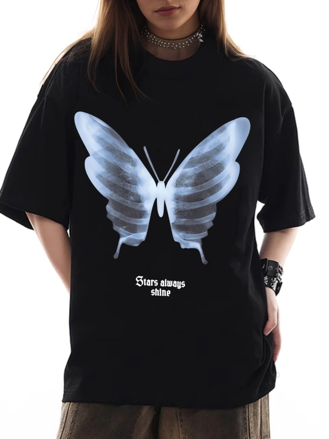 Women's Skull Chest X-Ray Butterfly Print Loose Casual Short Sleeve T-Shirt