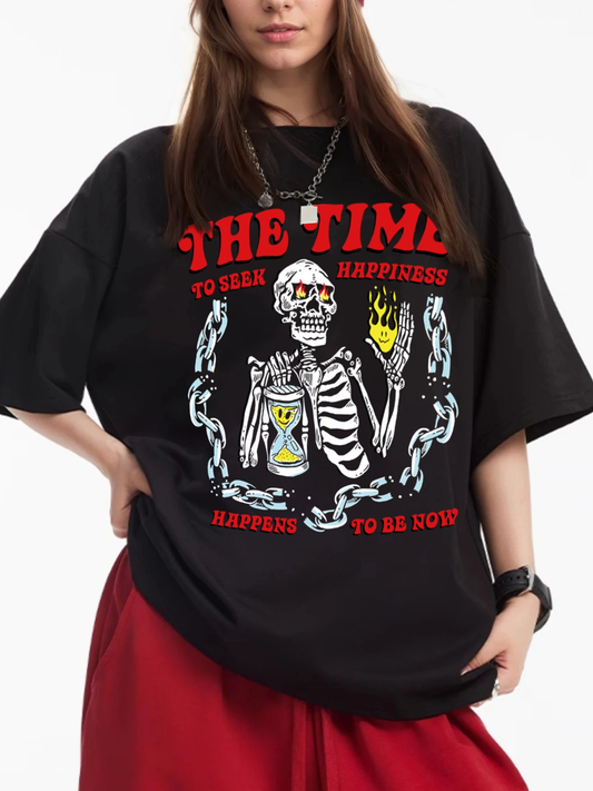 Women's THE TIME TO SEEK HAPPINESS Skull Print Loose Casual Short Sleeve T-Shirt