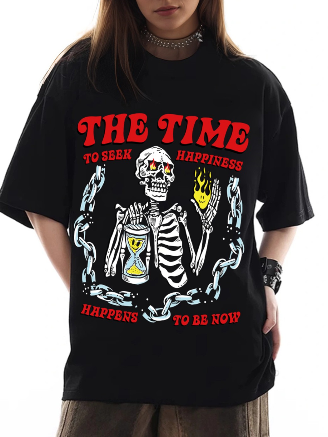 Women's THE TIME TO SEEK HAPPINESS Skull Print Loose Casual Short Sleeve T-Shirt