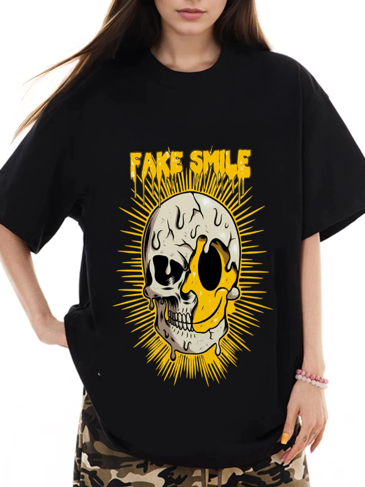 Women's Fake Smile Skull Print Loose Casual Short-Sleeved T-Shirt