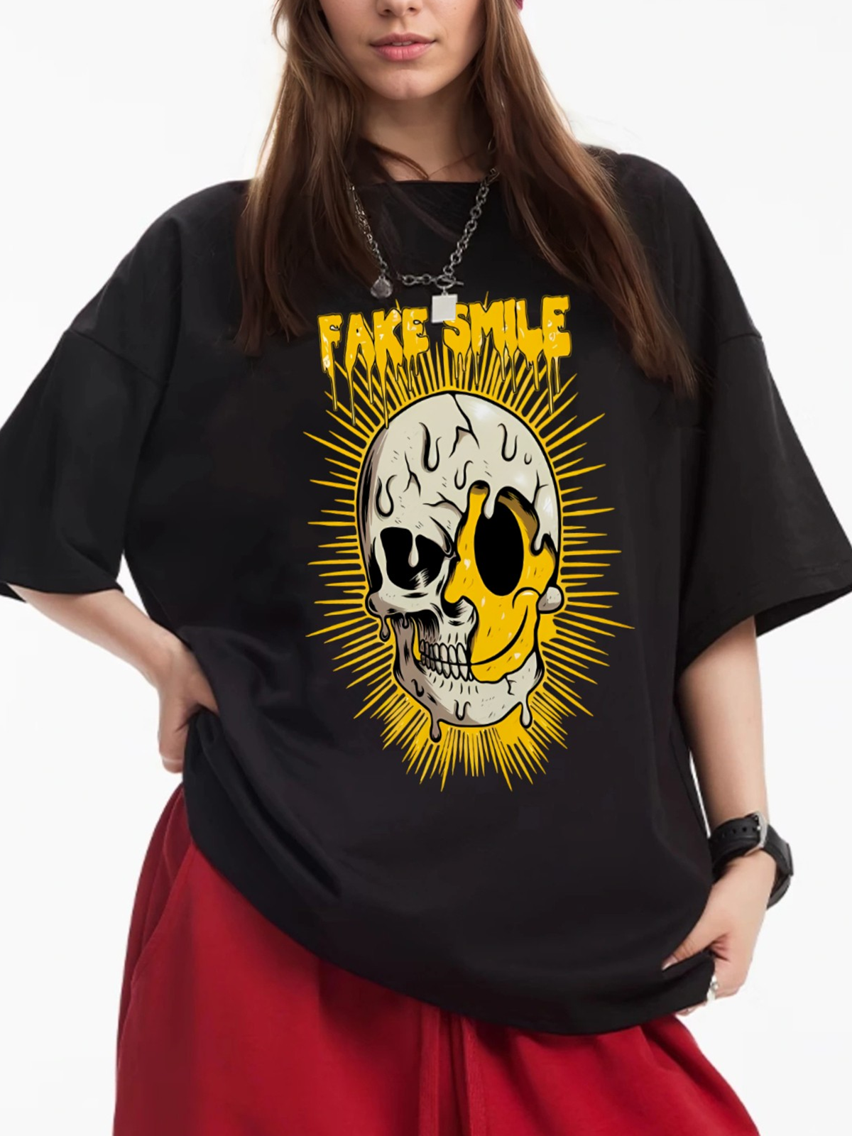 Women's Fake Smile Skull Print Loose Casual Short-Sleeved T-Shirt