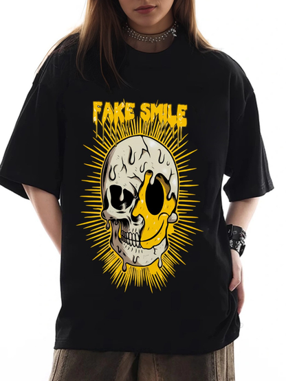 Women's Fake Smile Skull Print Loose Casual Short-Sleeved T-Shirt