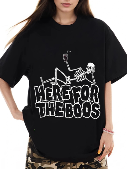 Women's Here For The Boos Skull Print Loose Casual Short-Sleeved T-Shirt