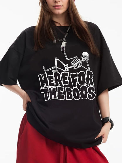 Women's Here For The Boos Skull Print Loose Casual Short-Sleeved T-Shirt