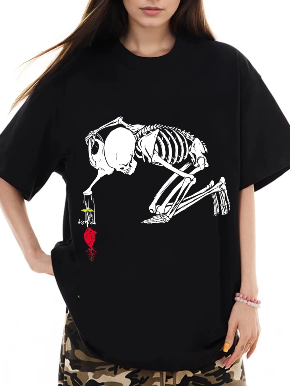 Women's Heart Planting Skull Print Loose Casual Short Sleeve T-Shirt