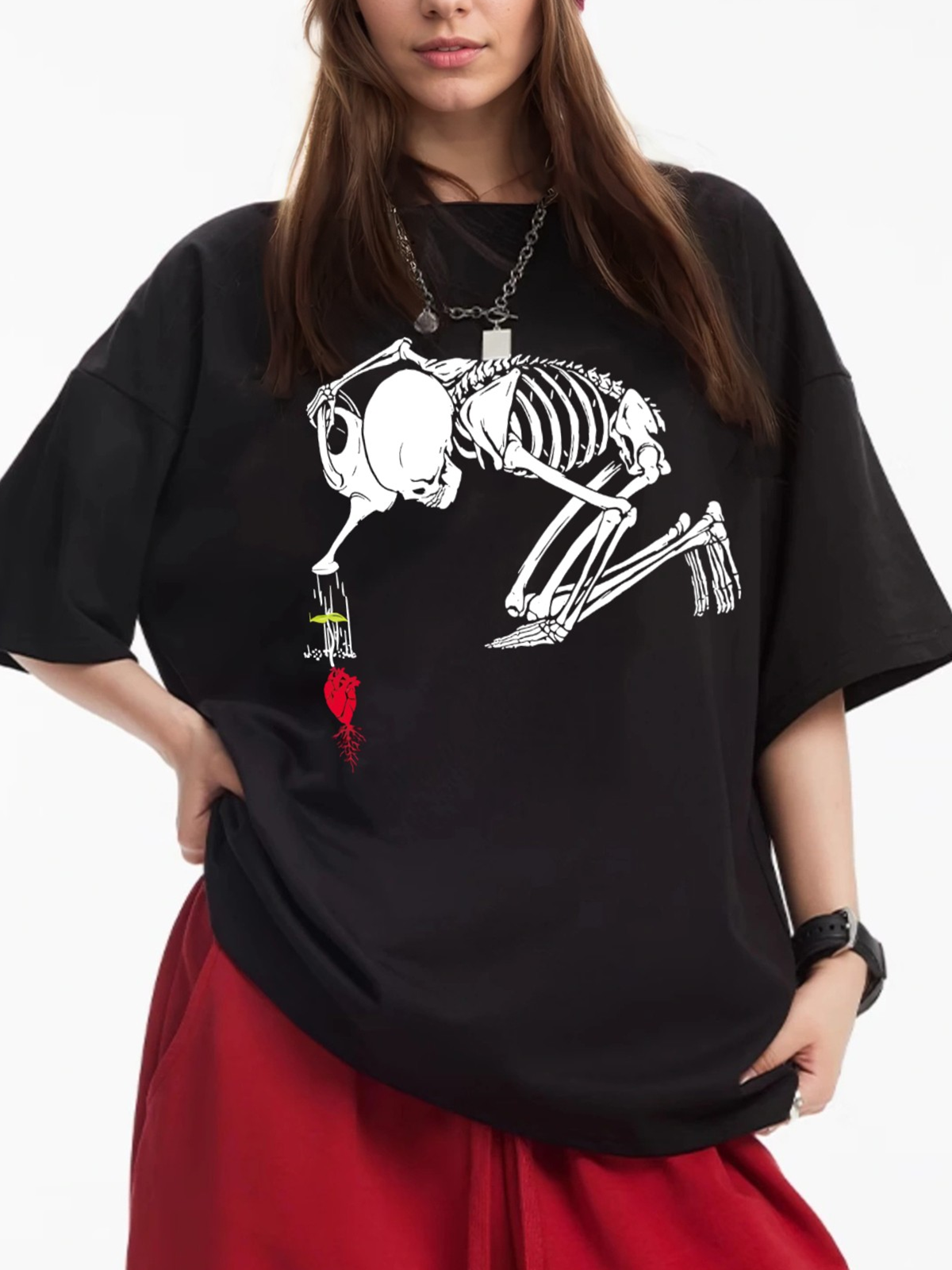 Women's Heart Planting Skull Print Loose Casual Short Sleeve T-Shirt