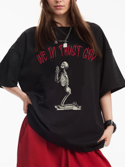 Women's We In Trust God Praying Skull Print Loose Casual Short Sleeve T-Shirt