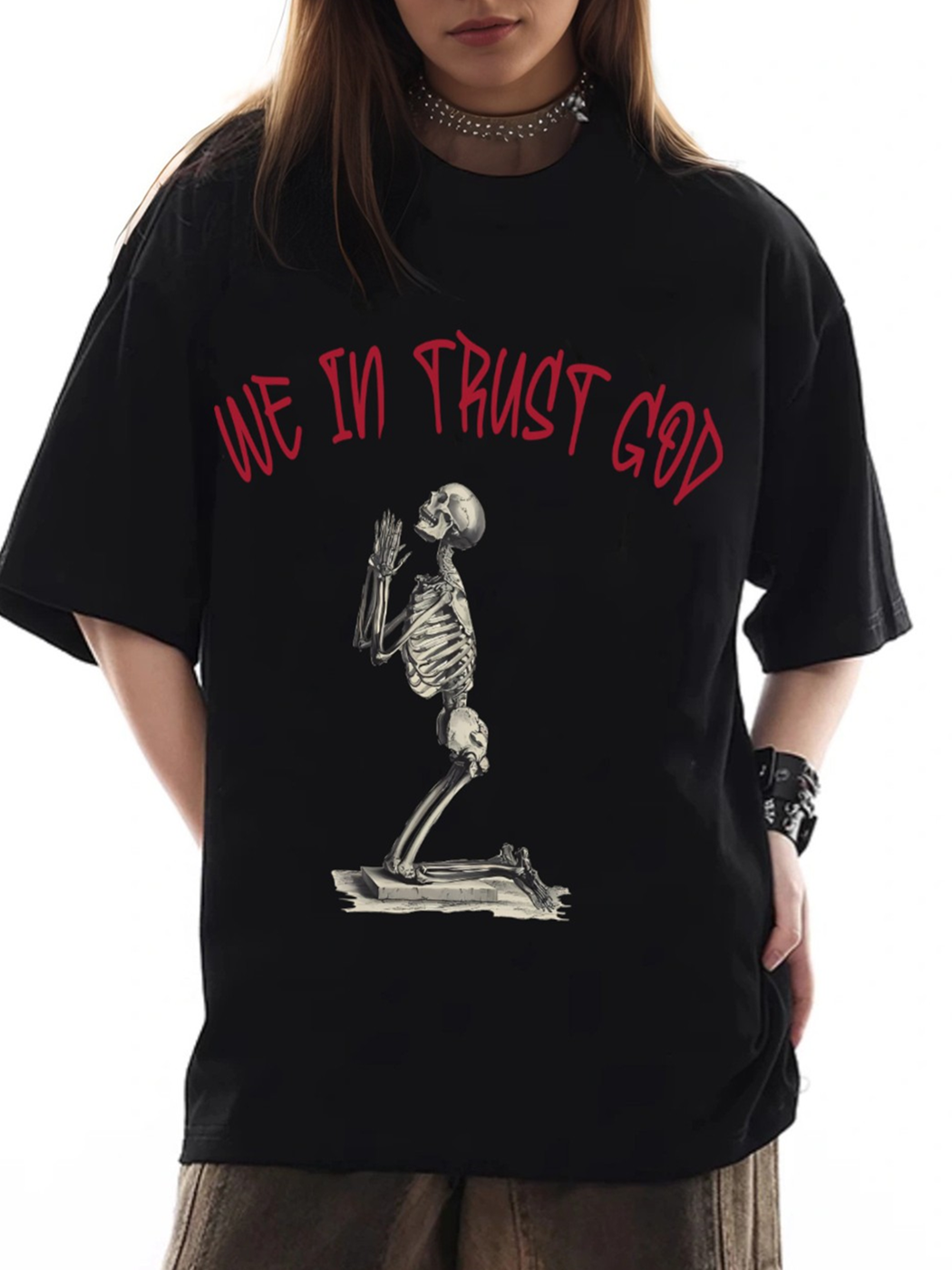 Women's We In Trust God Praying Skull Print Loose Casual Short Sleeve T-Shirt