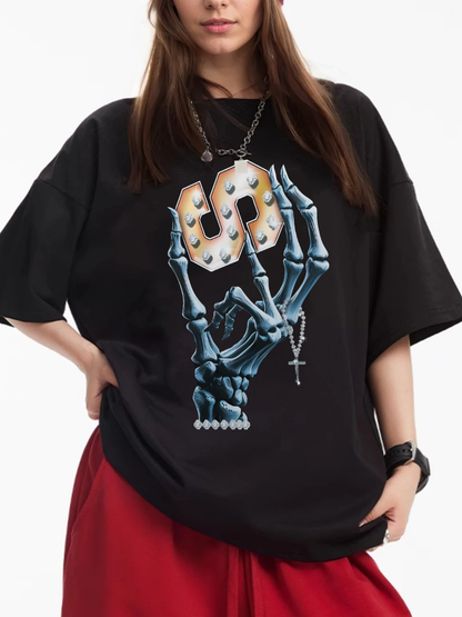 Women's Skeleton Hands and Jewelry and S Letter Printed Loose Casual Short Sleeve T-Shirt