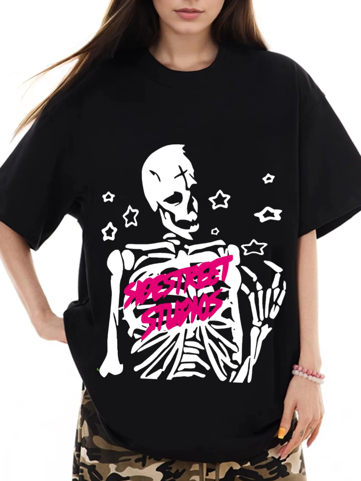 Women's Stars and Skulls and Text Printed Loose Casual Short Sleeve T-Shirt