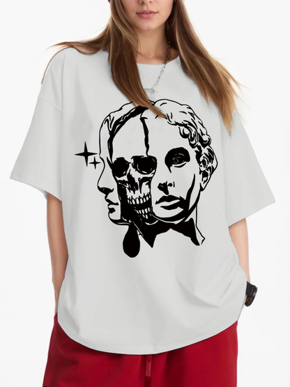 Women's Kids and Skull Print Loose Casual Short Sleeve T-Shirt