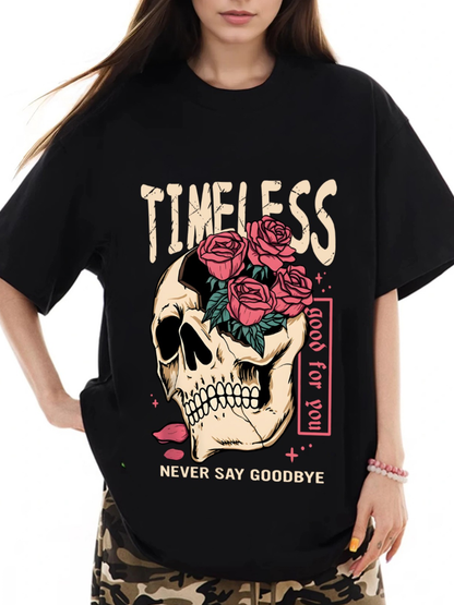 Women's TIMELESS Skull and Rose Print Loose Casual Short-Sleeved T-Shirt