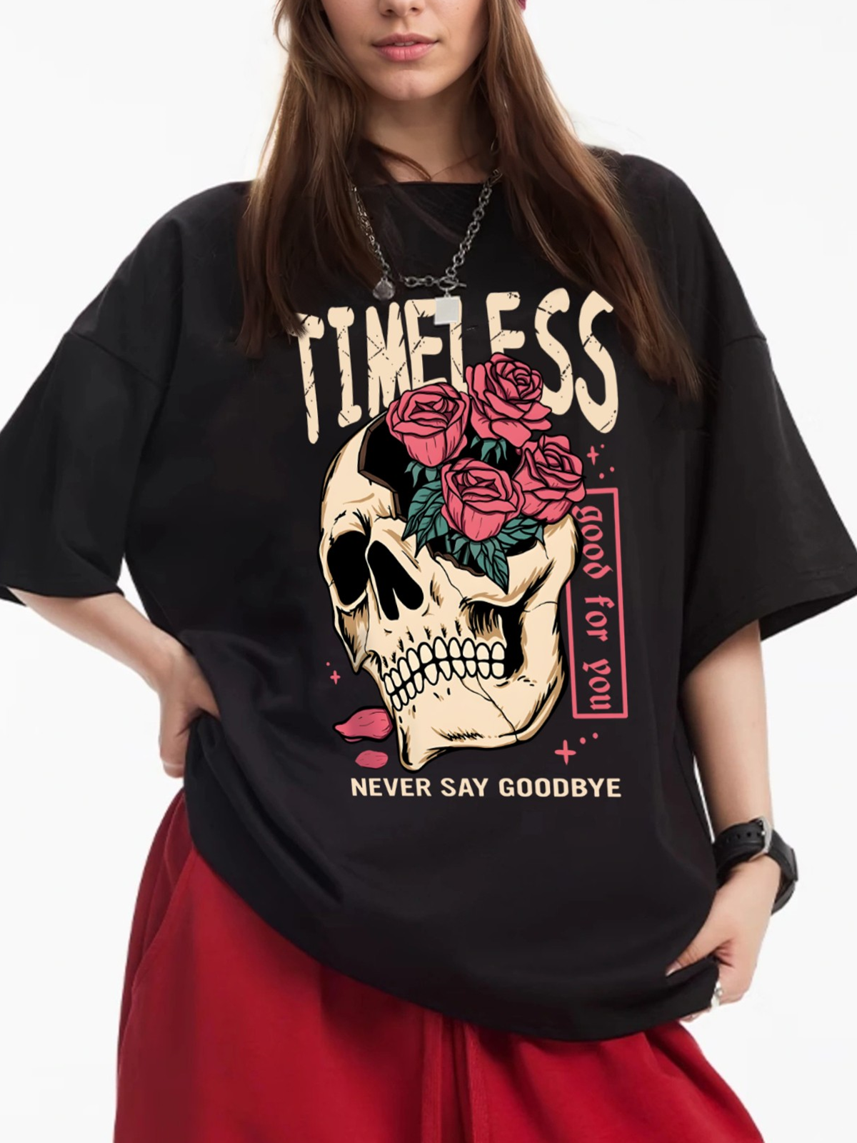 Women's TIMELESS Skull and Rose Print Loose Casual Short-Sleeved T-Shirt