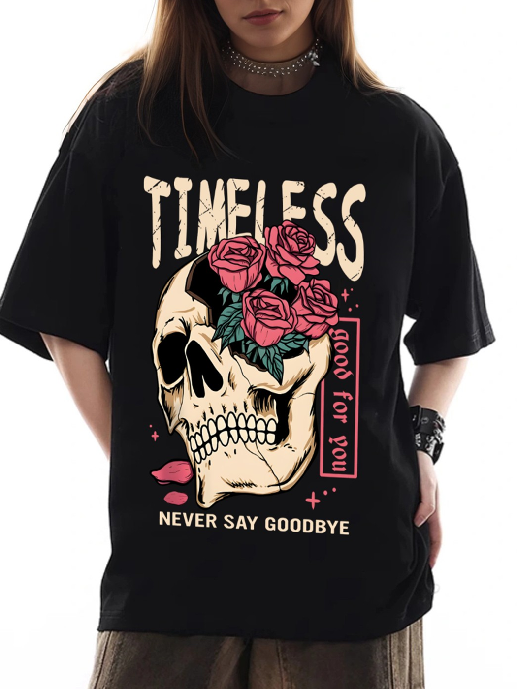 Women's TIMELESS Skull and Rose Print Loose Casual Short-Sleeved T-Shirt