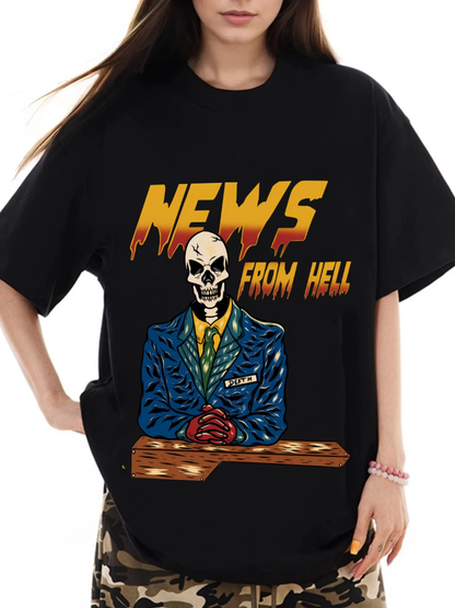 Women's News From Hell News Anchor Skull Print Loose Casual Short Sleeve T-Shirt