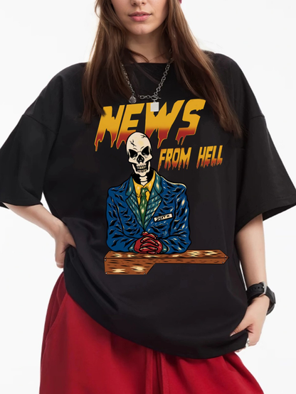 Women's News From Hell News Anchor Skull Print Loose Casual Short Sleeve T-Shirt