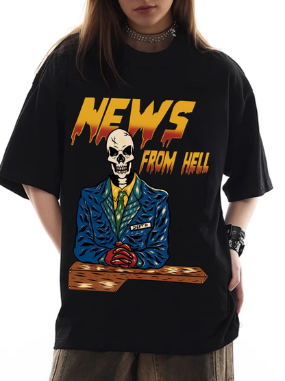 Women's News From Hell News Anchor Skull Print Loose Casual Short Sleeve T-Shirt