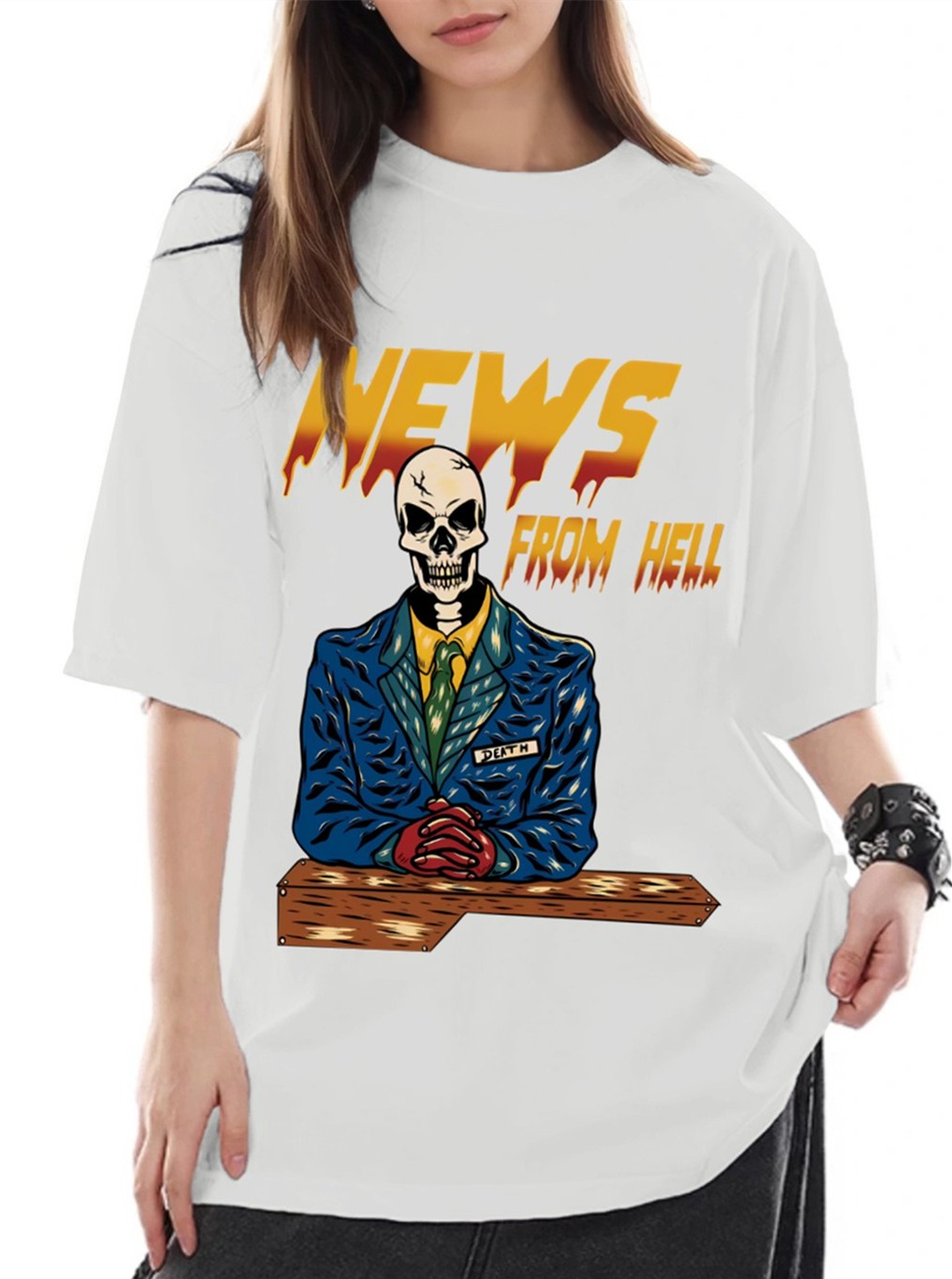 Women's News From Hell News Anchor Skull Print Loose Casual Short Sleeve T-Shirt