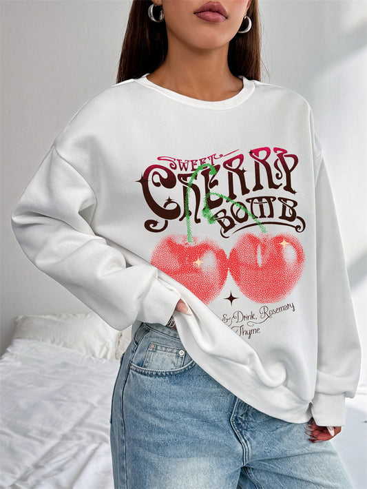 Women Cherry Print Casual Long Sleeve Sweatshirt