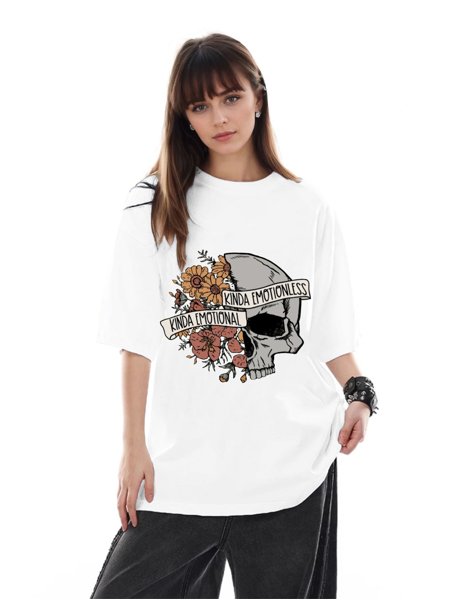 Women Half Skull Half Flower Printed Casual Short Sleeve T-Shirt