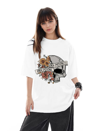 Women Half Skull Half Flower Printed Casual Short Sleeve T-Shirt