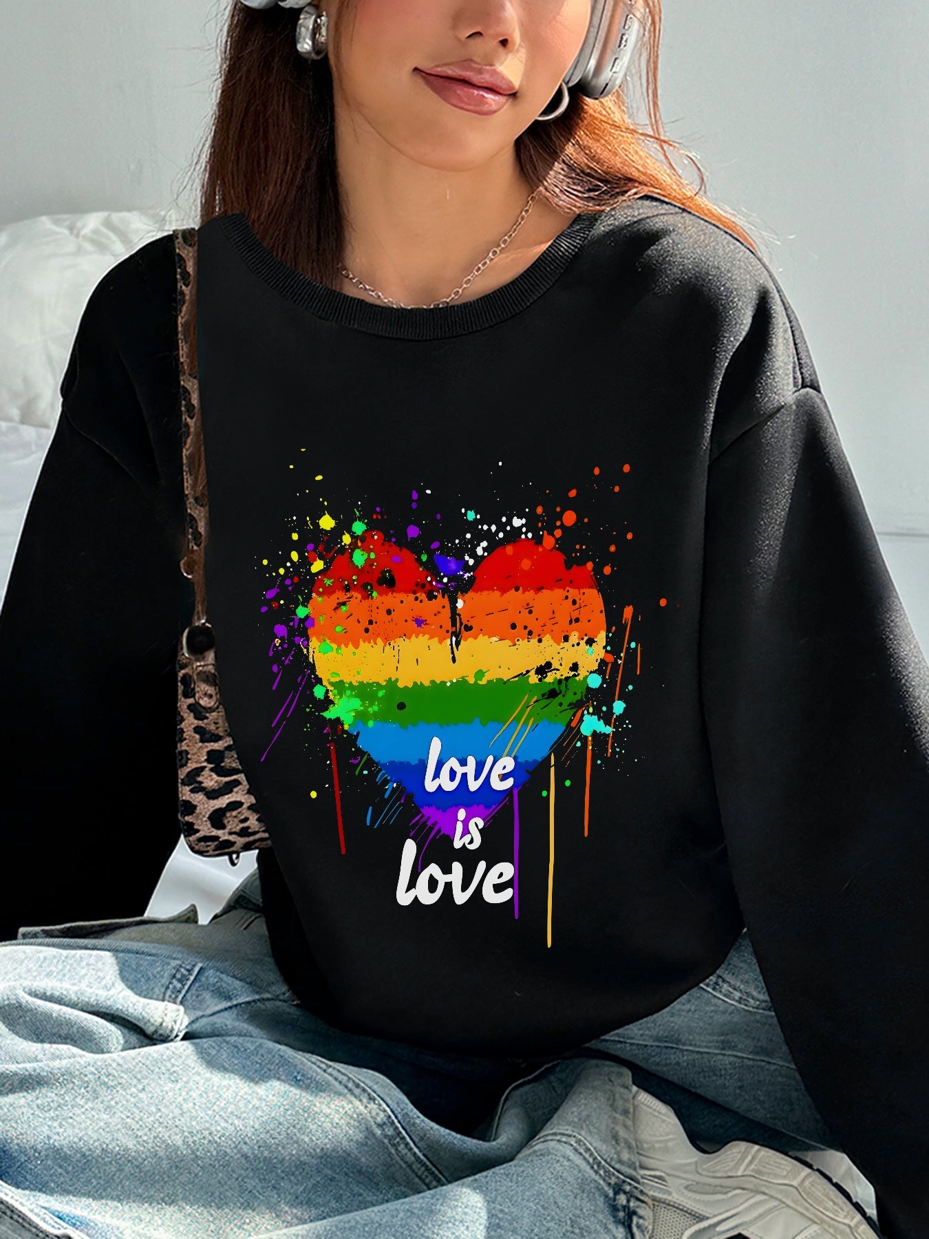 Women Rainbow Heart Print Long Sleeve Sweatshirt