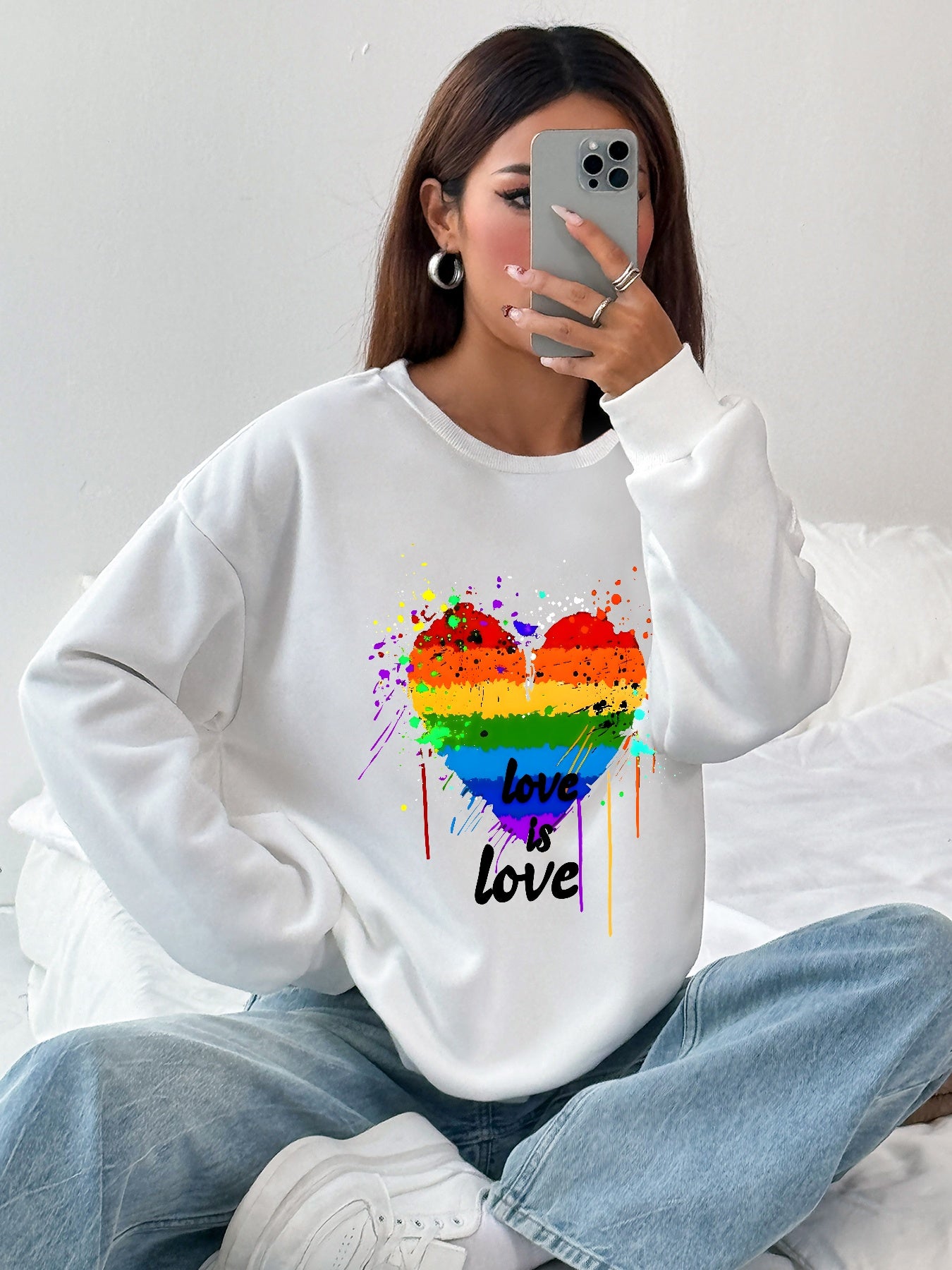 Women Rainbow Heart Print Long Sleeve Sweatshirt