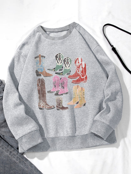 Women Boots Illustration Print Casual Sweatshirt